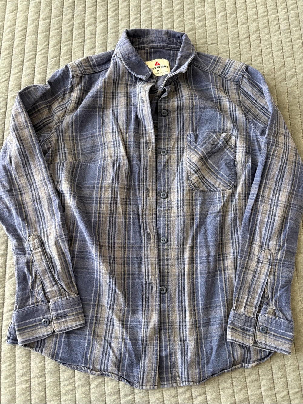 American Giant Flannel Shirt Mens M Blue Tan Plaid Button-Down Made in USA - Picture 2 of 5